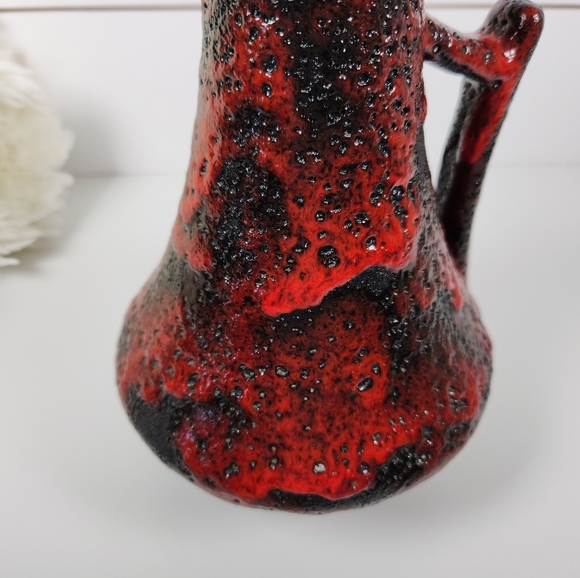 70s West Germany Fat Lava Vase 44-25 | Black & Red Handled Vase | Mid Century - Picture 10 of 12